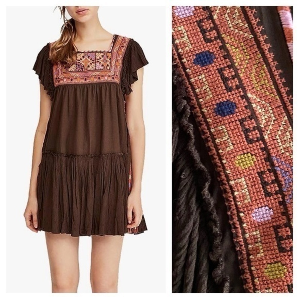 Free People Brown Embroidered Day Glow Mini Dress Small